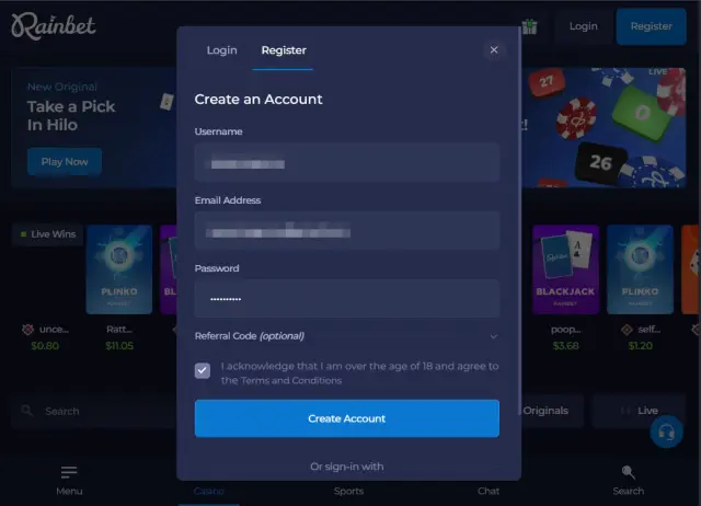 Rainbet Ragistration Process